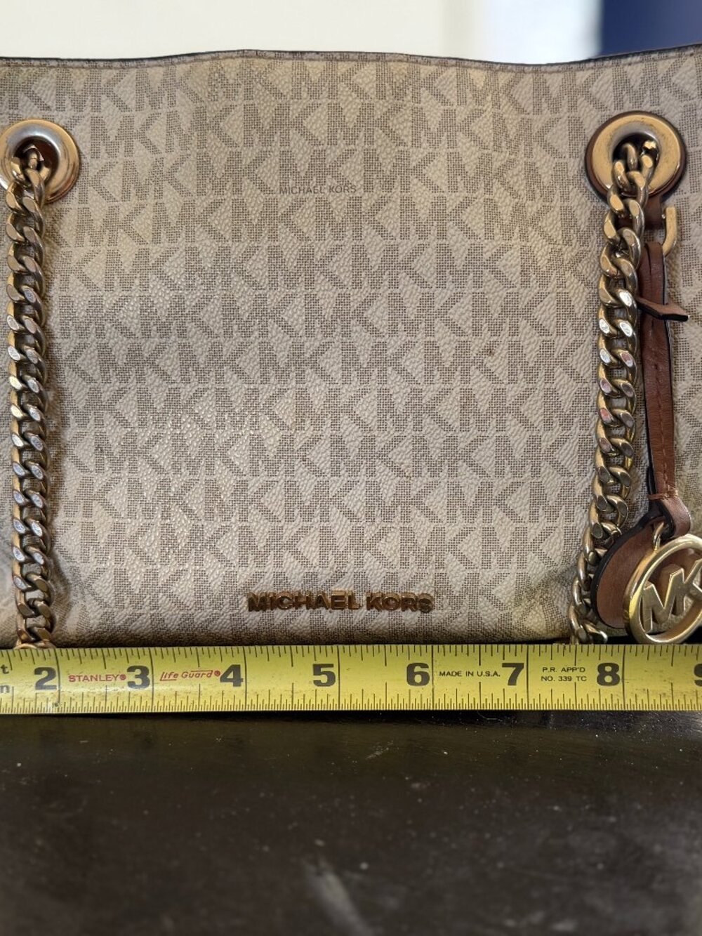 Michael Kors Jet Set Travel MK Monogram Chain Tote Shoulder Bag Vanilla Brown